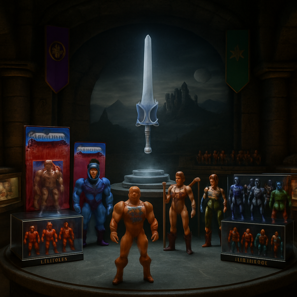 Collectors displaying MOTU action figures and playsets at a meetup